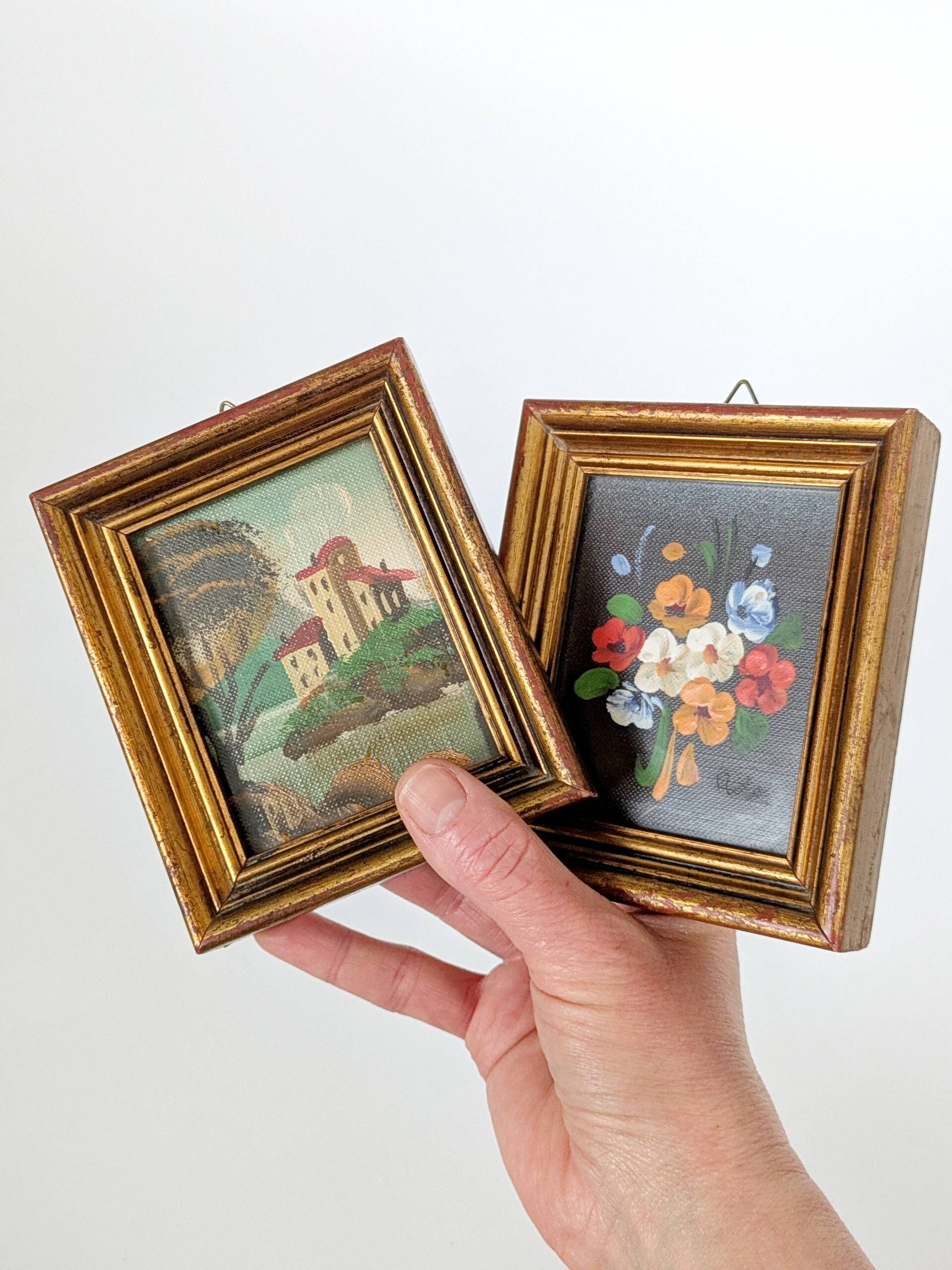 Pair of small Italian oil paintings, flowers and landscape.