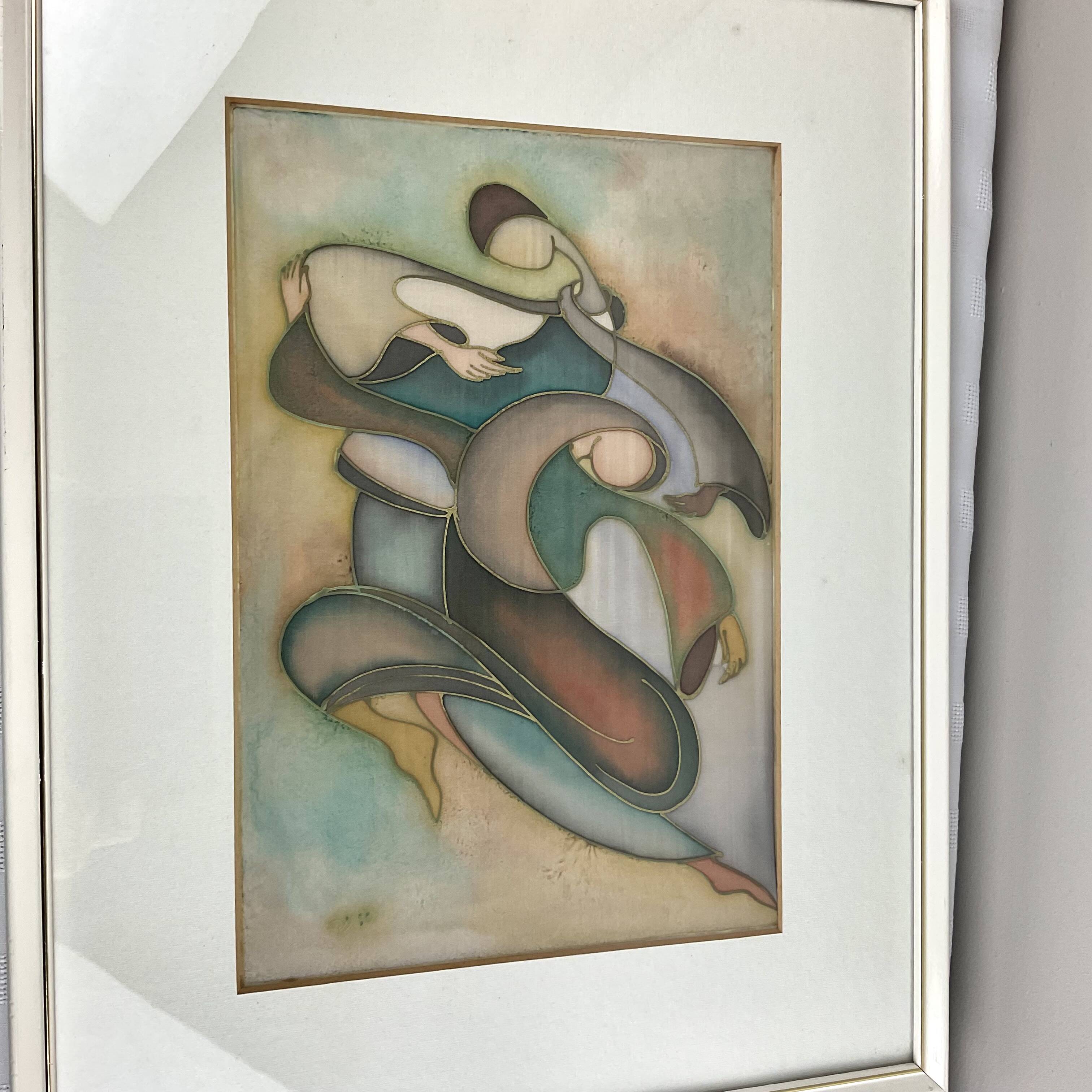 The dancers, painting on silk and vintage wooden frame