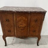 Transitional style commode with a protruding front, in marquetry wood, 20th century.
