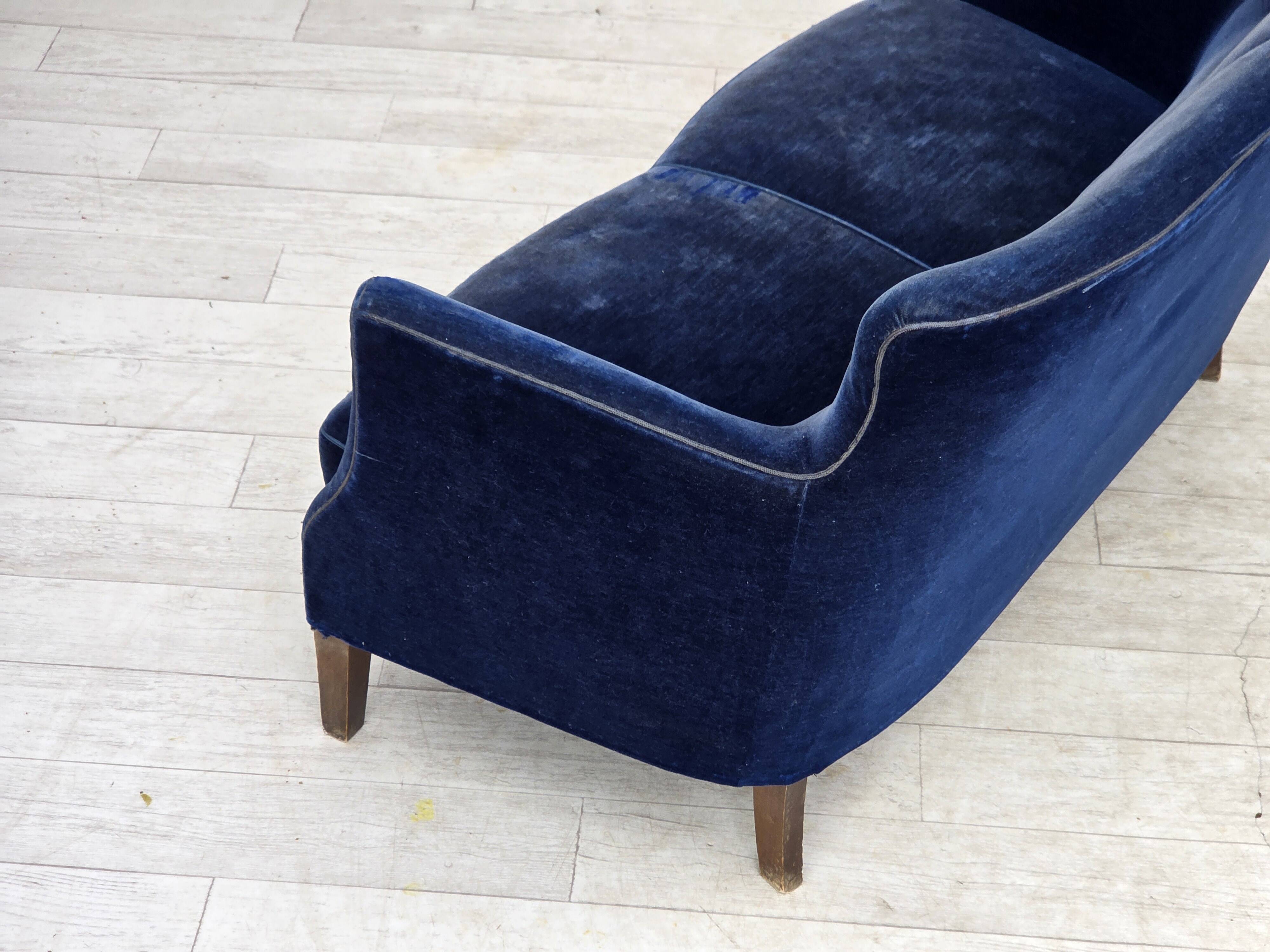 1960s, Danish 2-seater sofa. dark blue furniture velour.