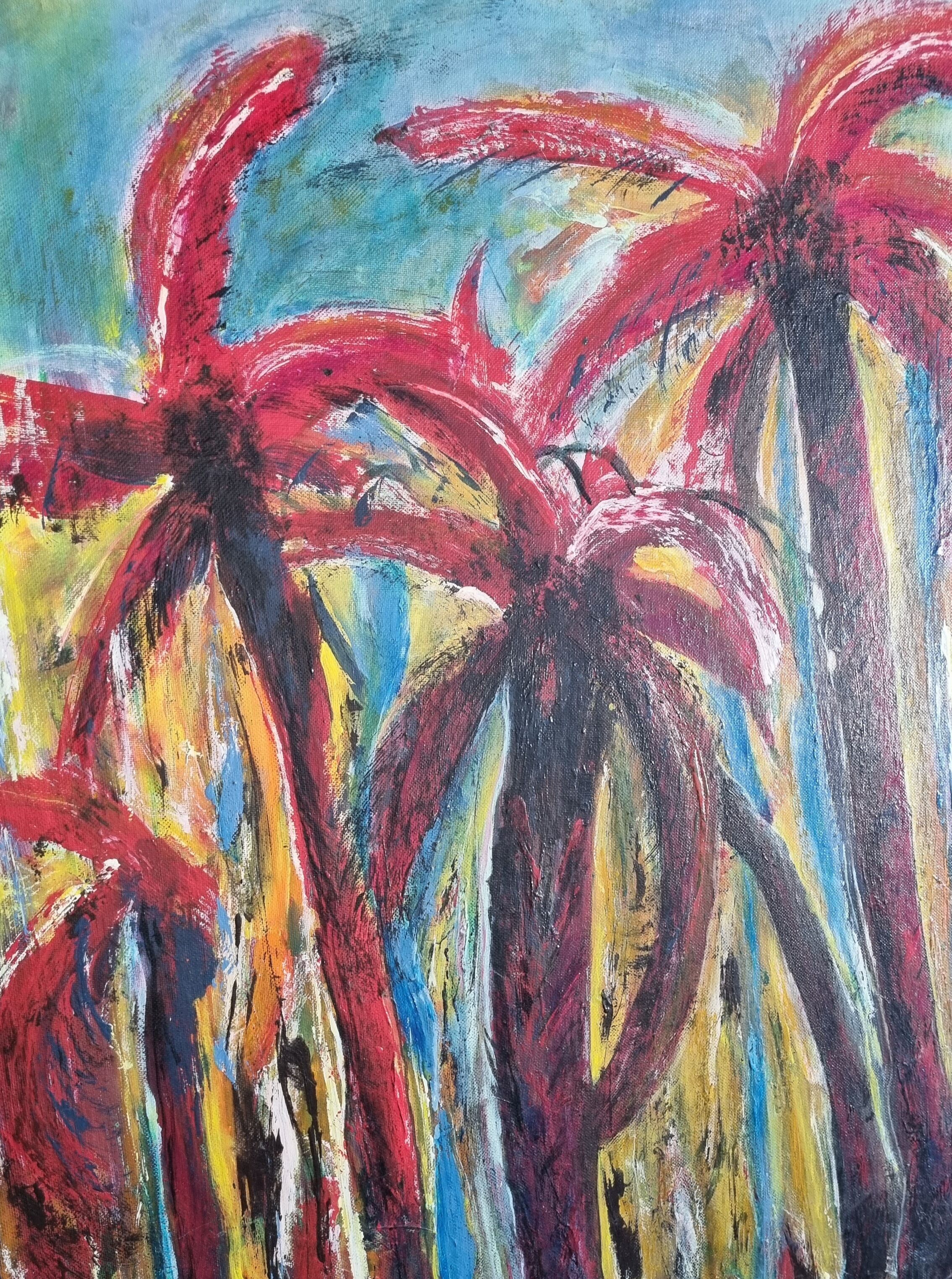 Peinture à l'huile abstraite palmiers signée