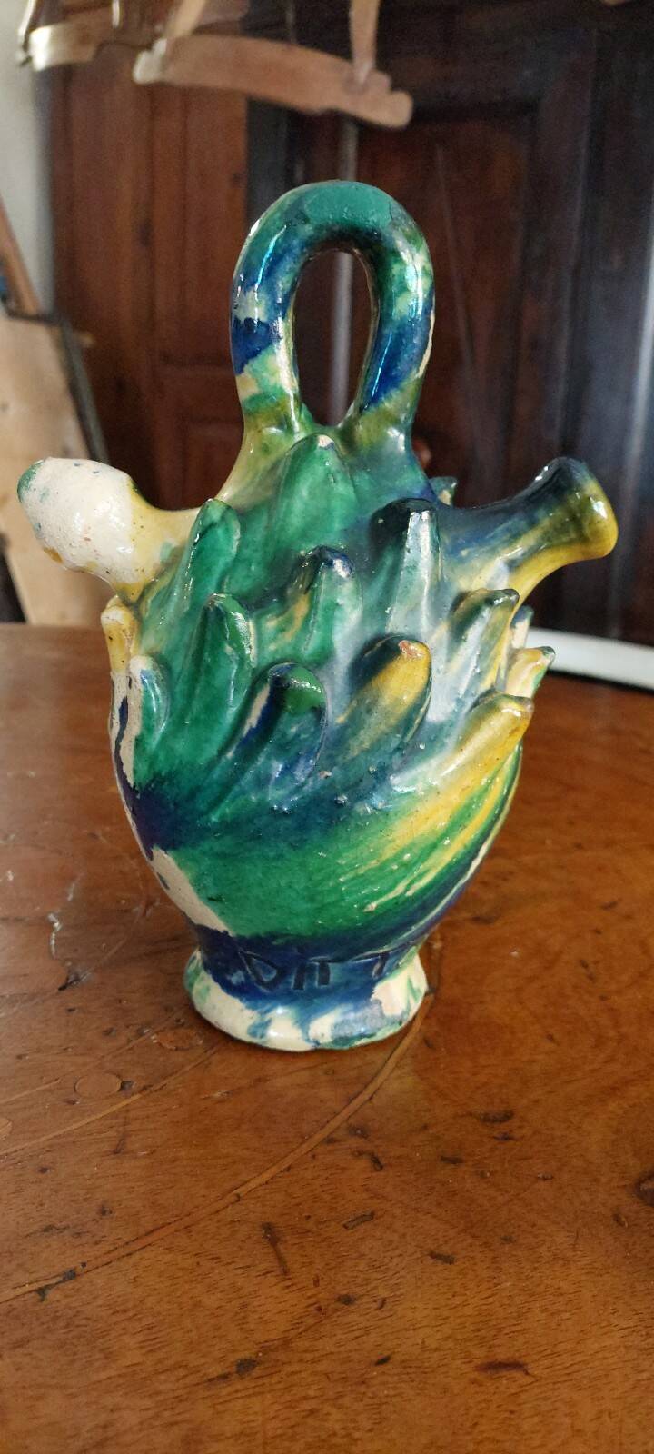 Antique glazed terracotta jug from Seminara Calabria, signed Ditto