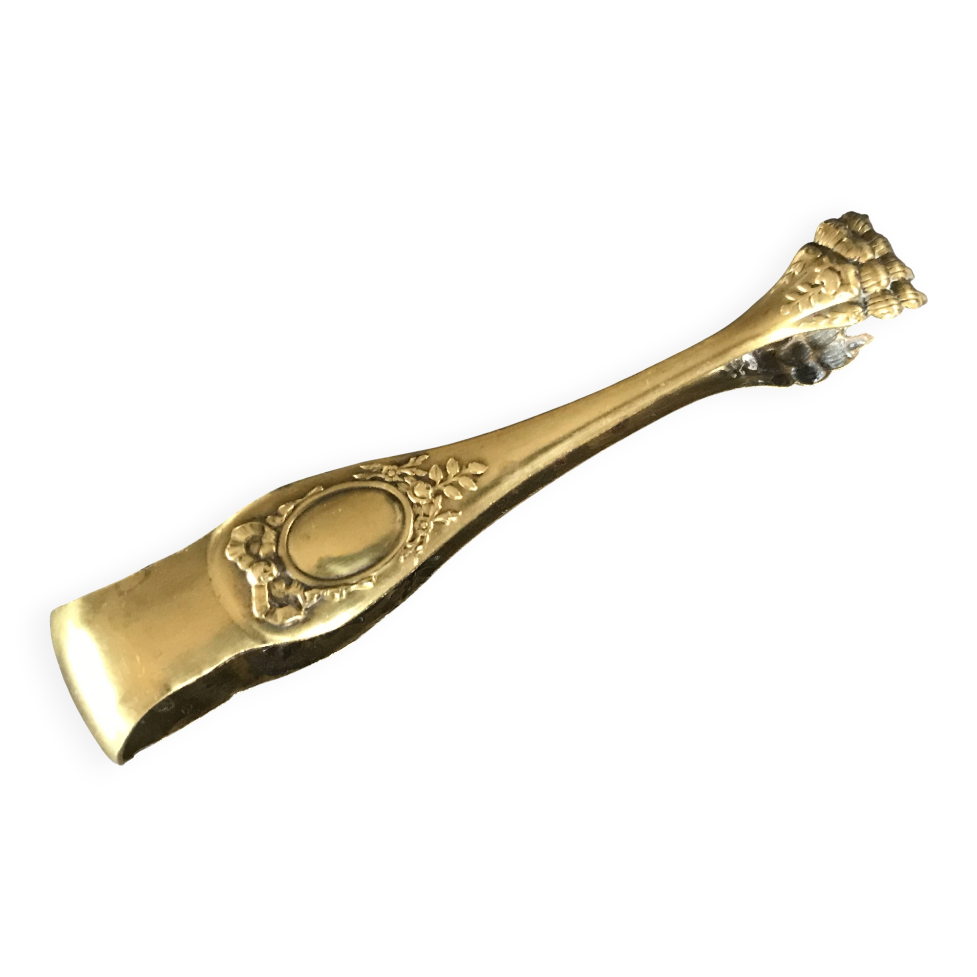 Sugar or ice cube tongs, gold star stamp with lion paw finish