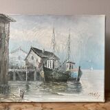 Peinture à l’huile tableau ancien signé port et bateaux
