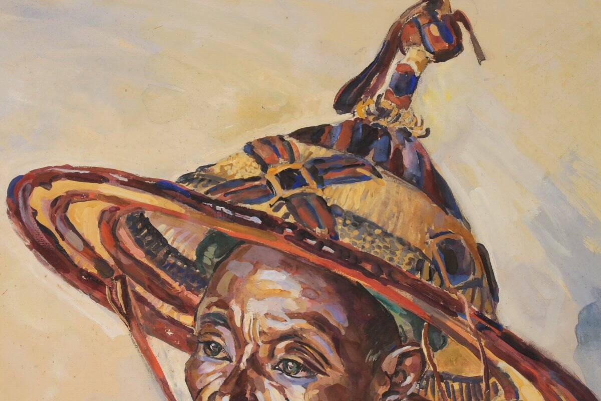 Large portrait of a Beninese man in traditional hat by Pierre Matossy (1891-1969)