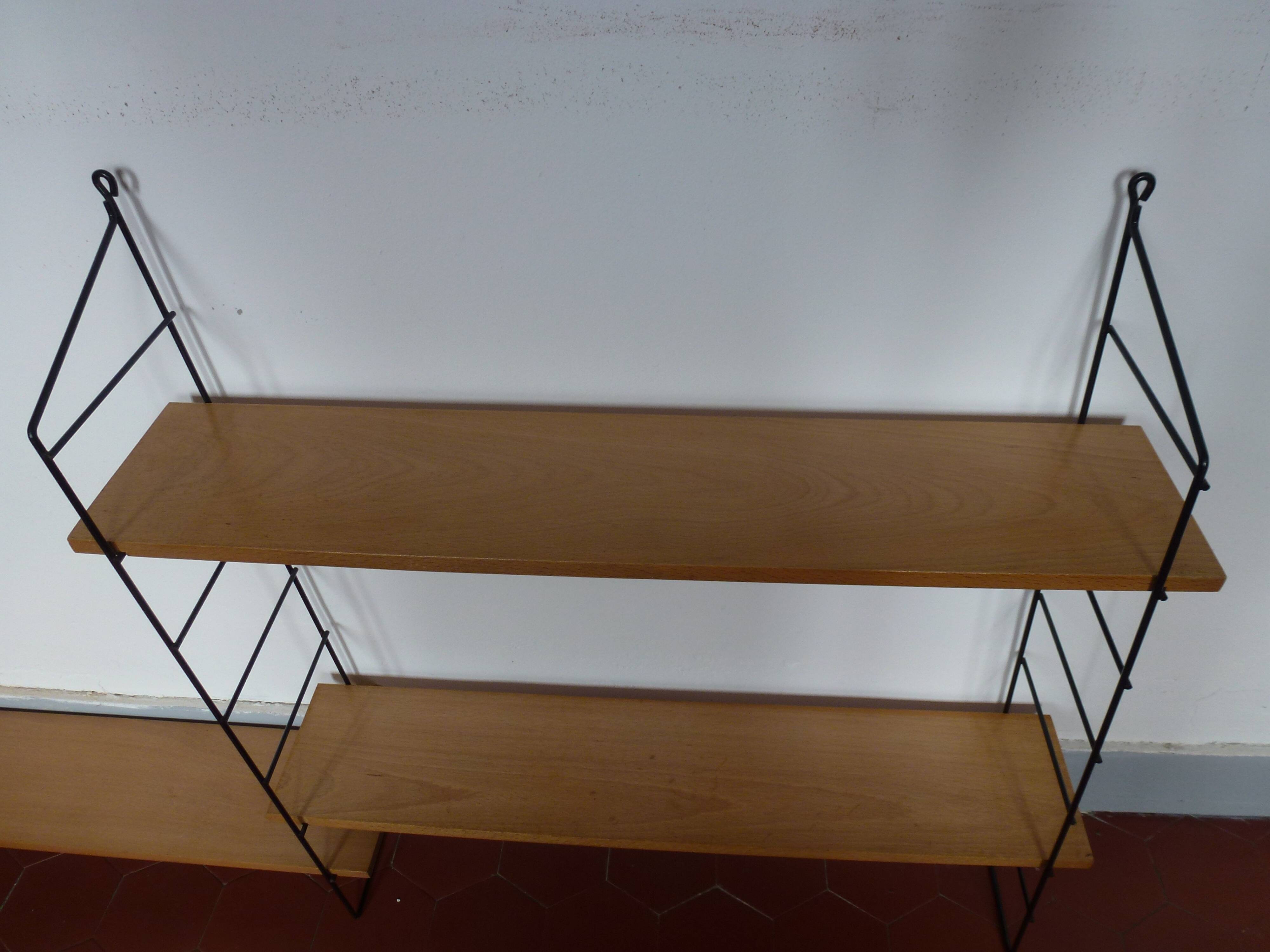 Vintage thong wall shelf, wood and black lace-up metal