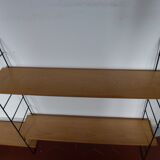 Vintage thong wall shelf, wood and black lace-up metal