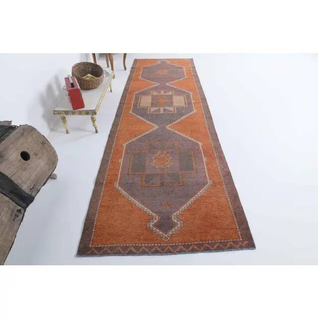 Vintage Turkish Oushak handmade cotton red wool runner 110x370