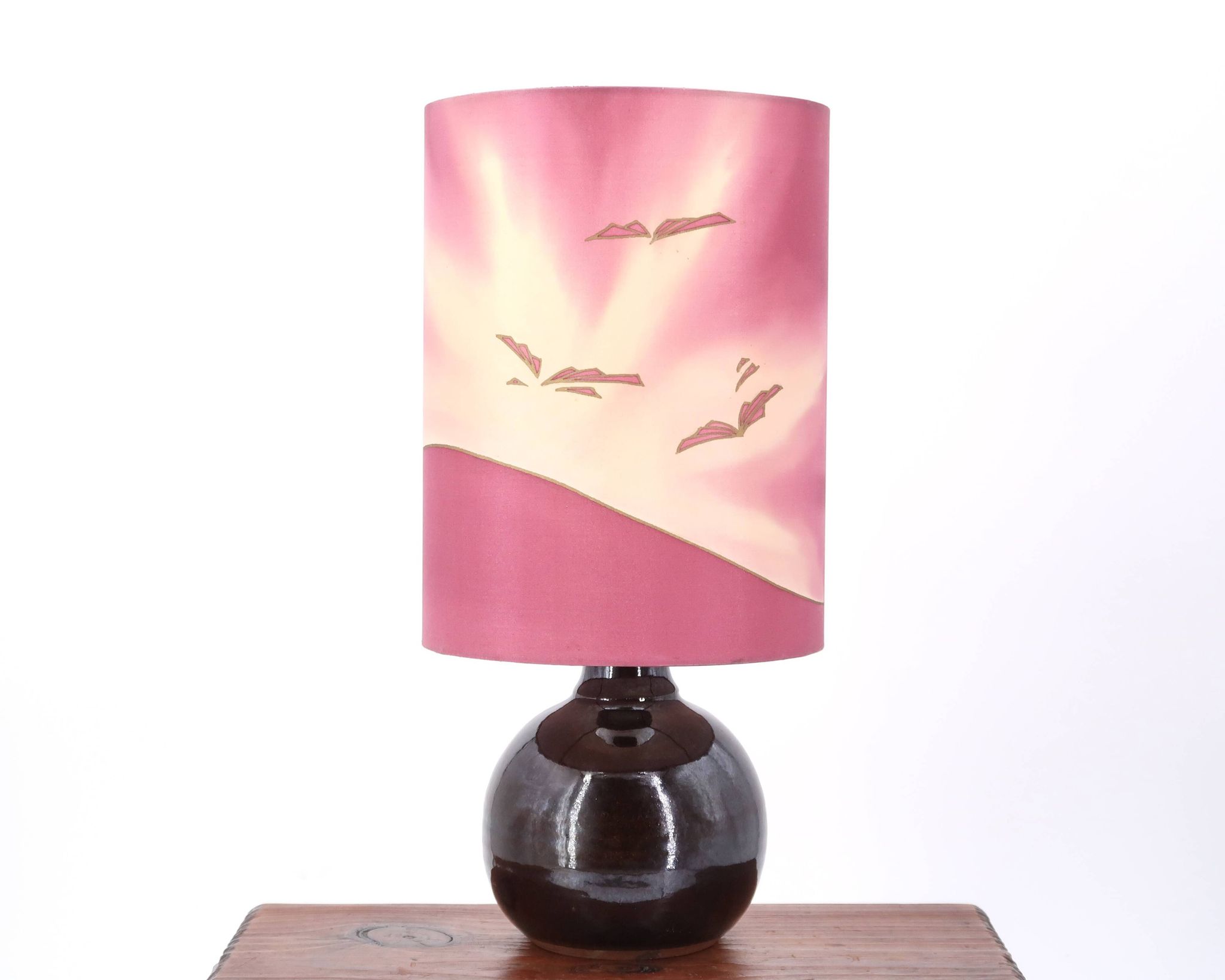 Purple ceramic lamp, painted silk shade, 1970s.