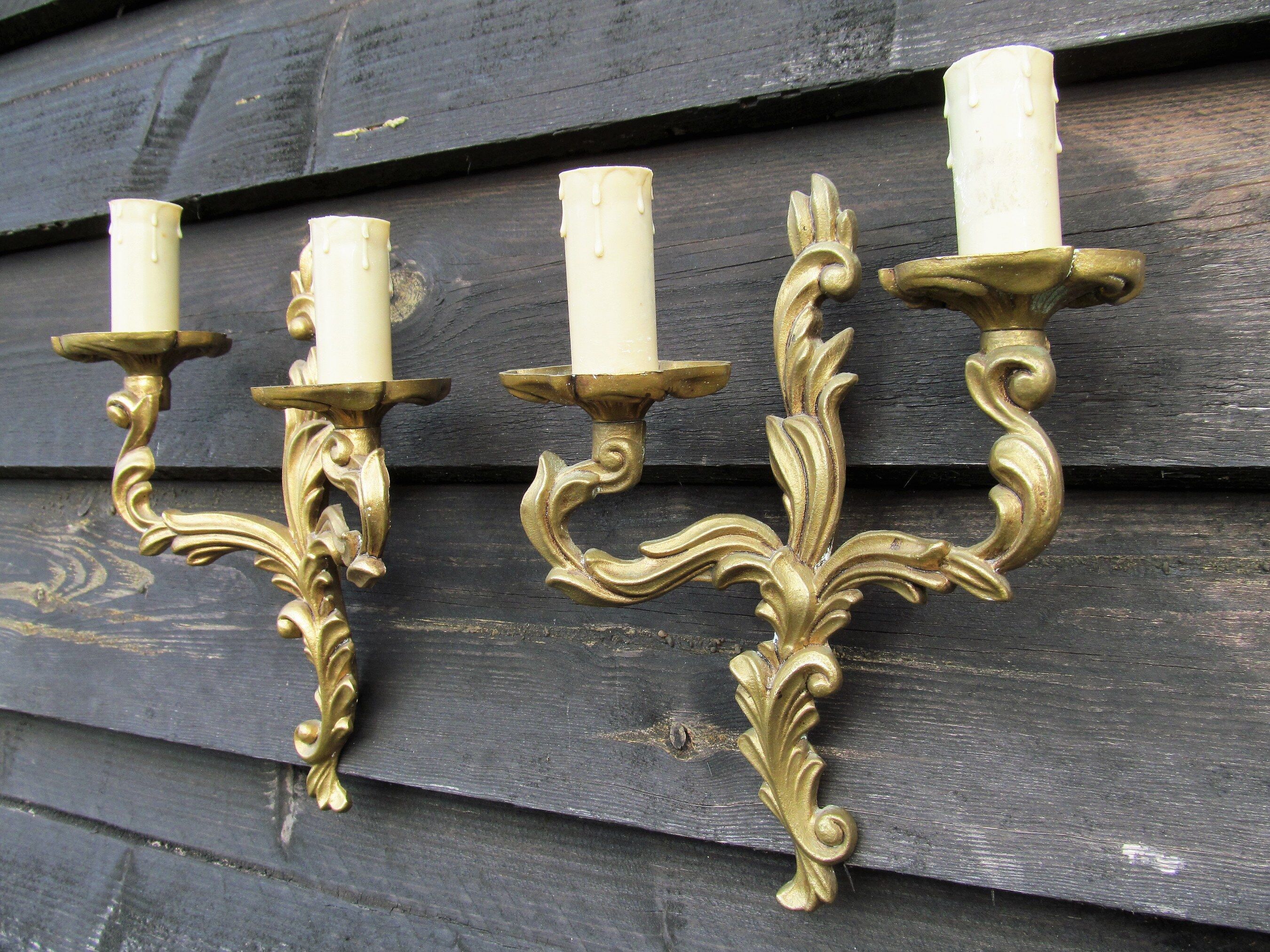 Petite pair of vintage French bronze brass mix 2 arm wall lights sconces revamp rewire