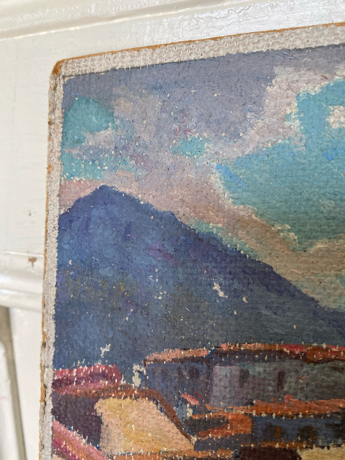 Painting signed sunny village soft colors
