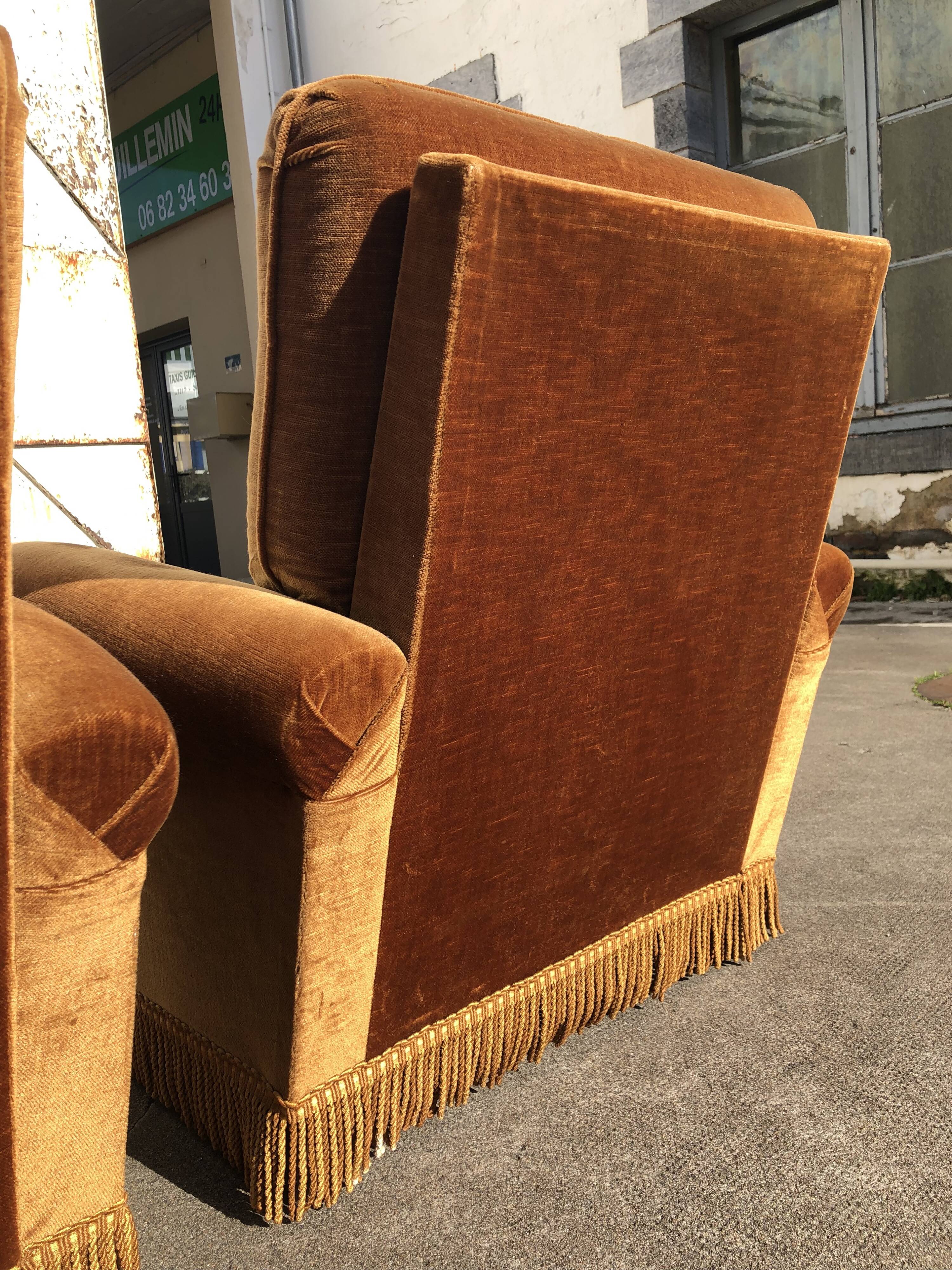 Pair of toad armchairs in old gold velvet