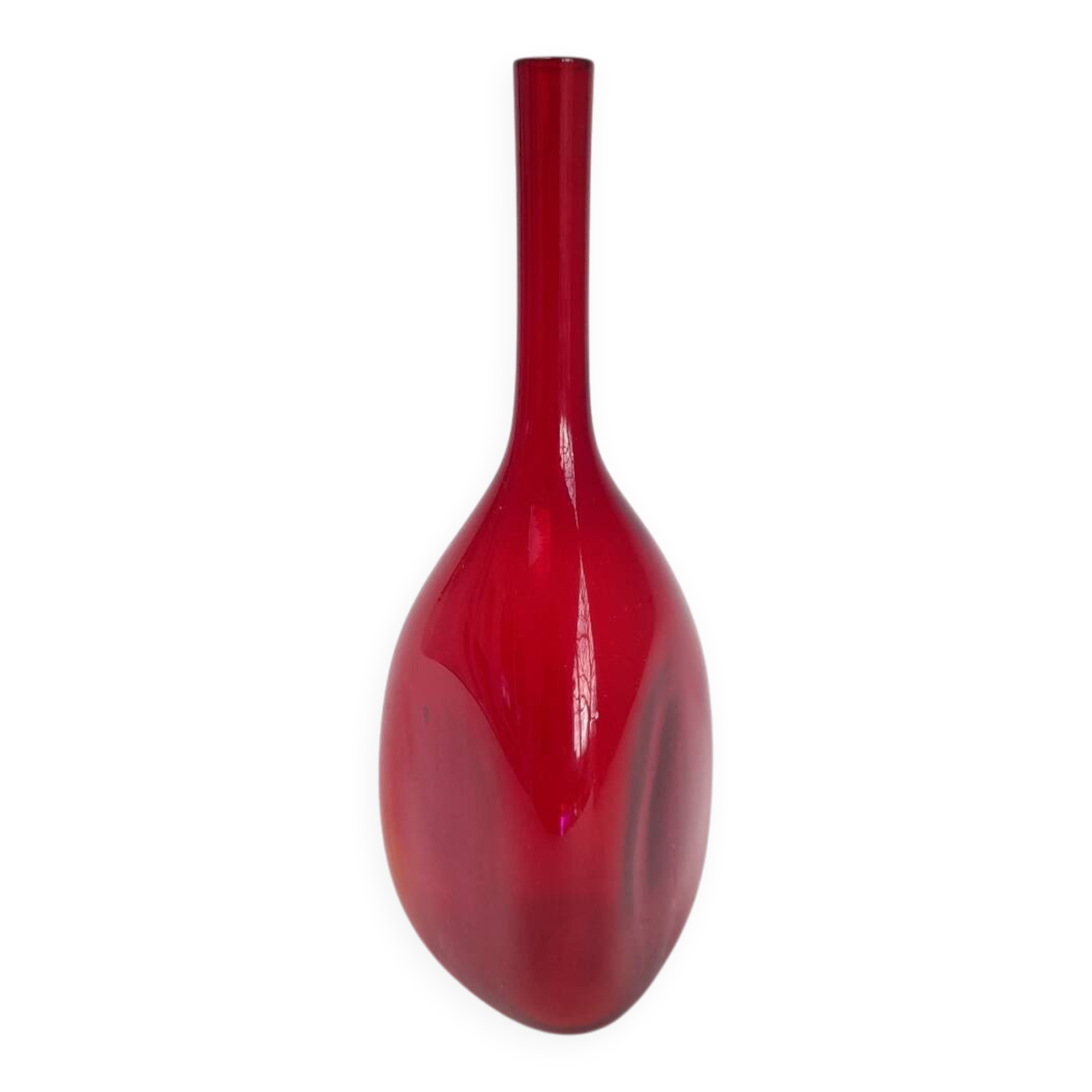 Triangular red glass vase by Gunnar Ander for Elme Glasbrück.
