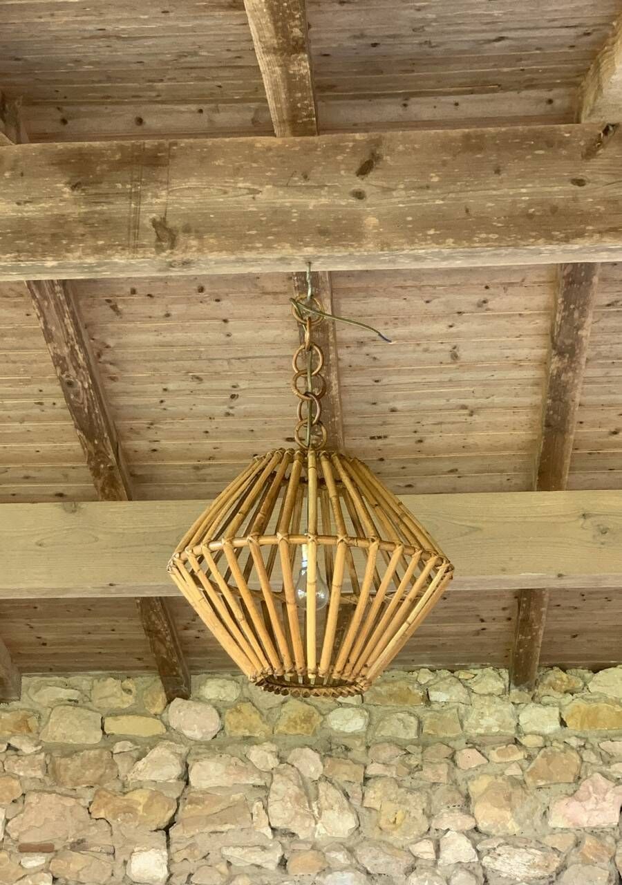 Large vintage pendant light in bamboo and rattan, circa 1960's