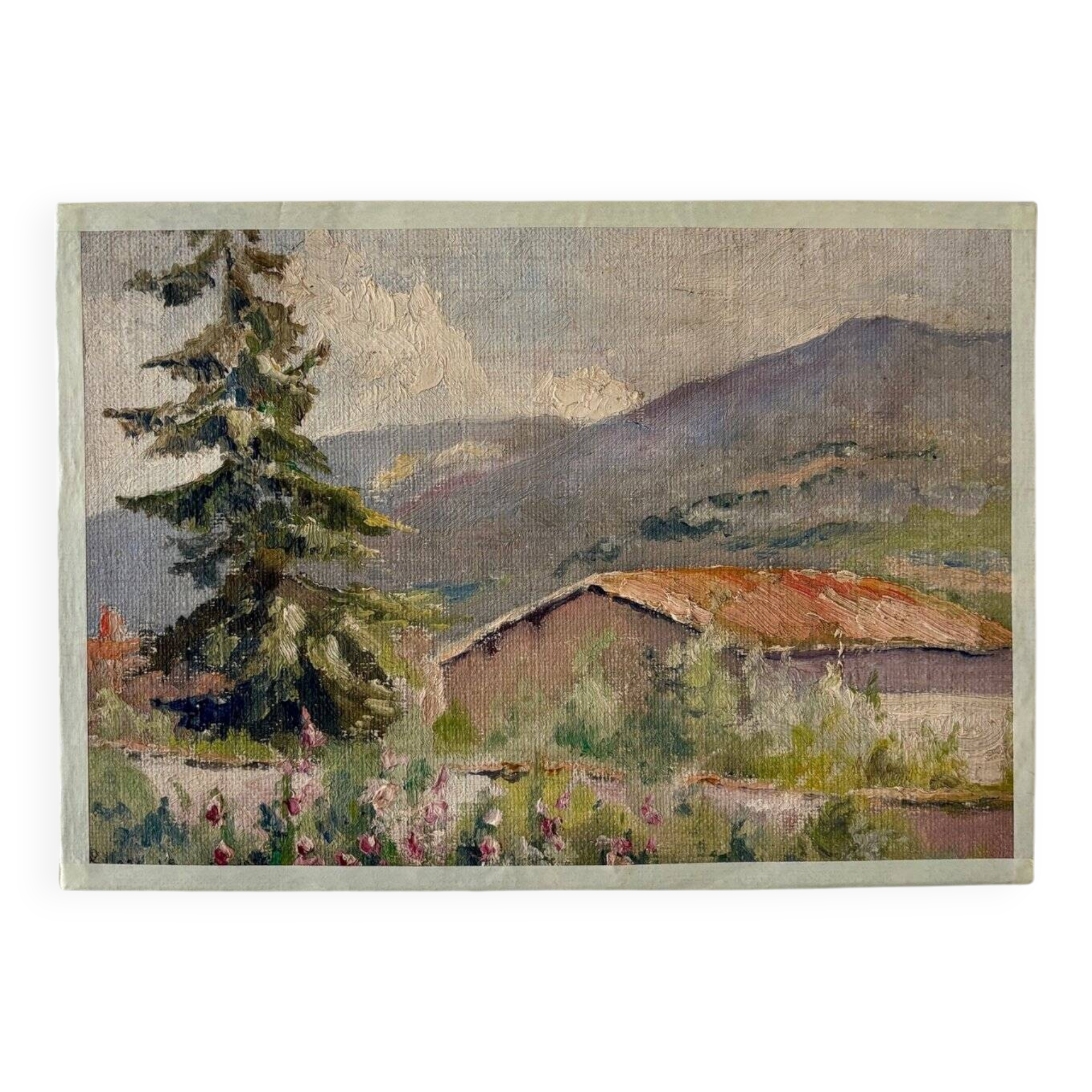 Oil painting on canvas "Mountain, fir tree and house" no. 51