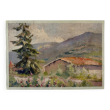 Oil painting on canvas "Mountain, fir tree and house" no. 51