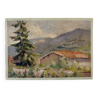 Oil painting on canvas "Mountain, fir tree and house" no. 51