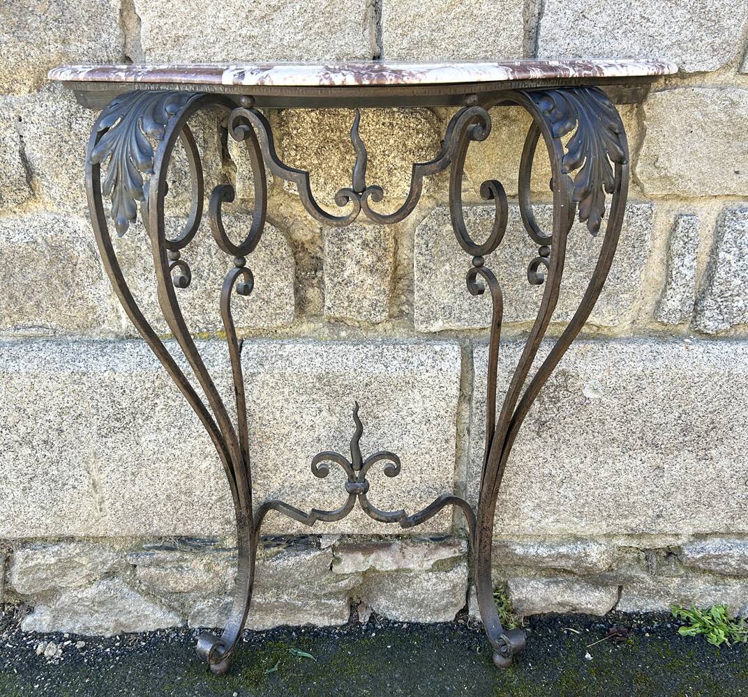 Wrought iron console, marble, 20th century