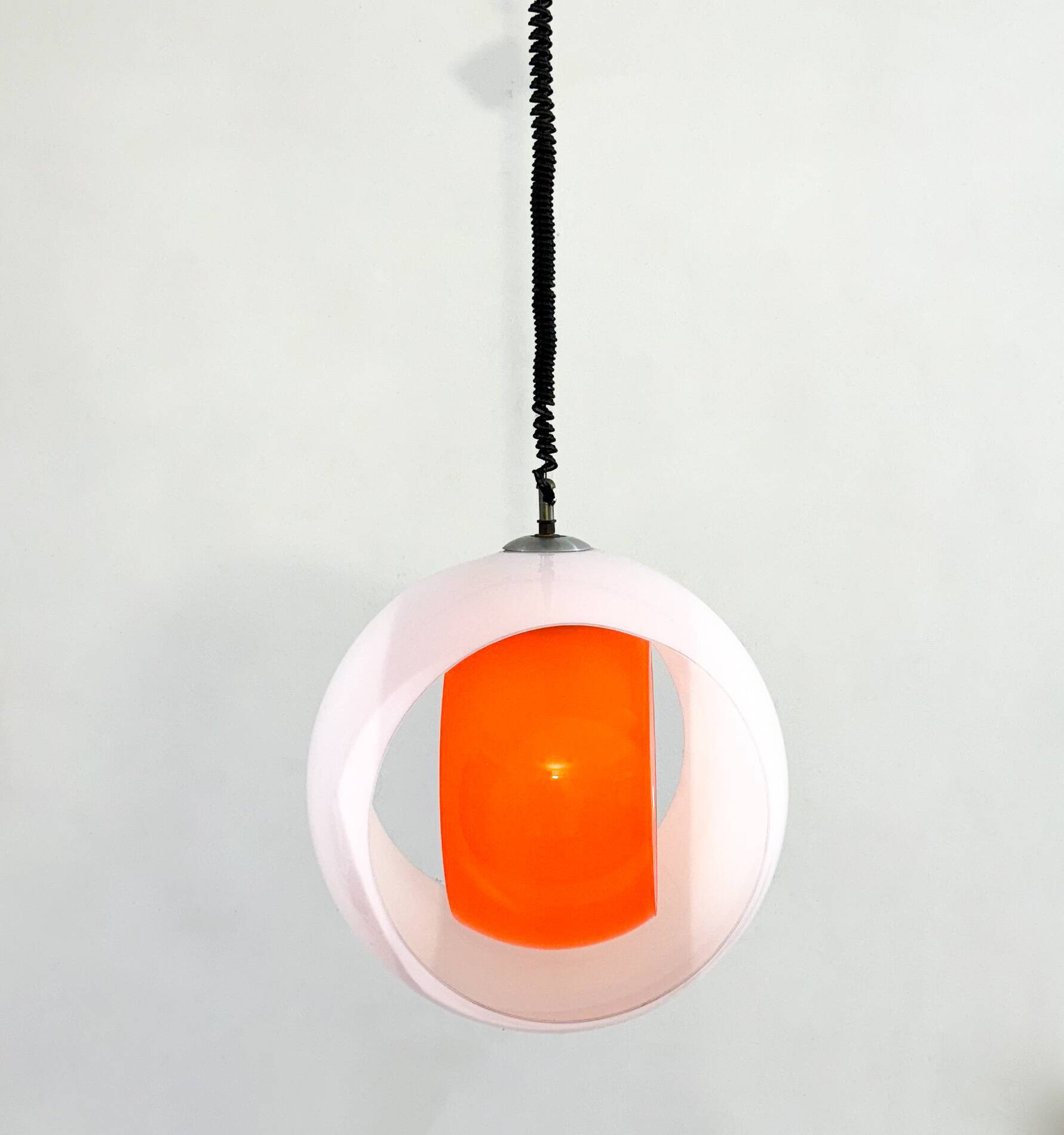 Mid-century Murano Glass White and Orange Suspension model "Eclisse" by Carlo Nason for Mazzega, Ita
