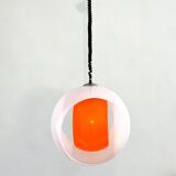 Mid-century Murano Glass White and Orange Suspension model "Eclisse" by Carlo Nason for Mazzega, Ita