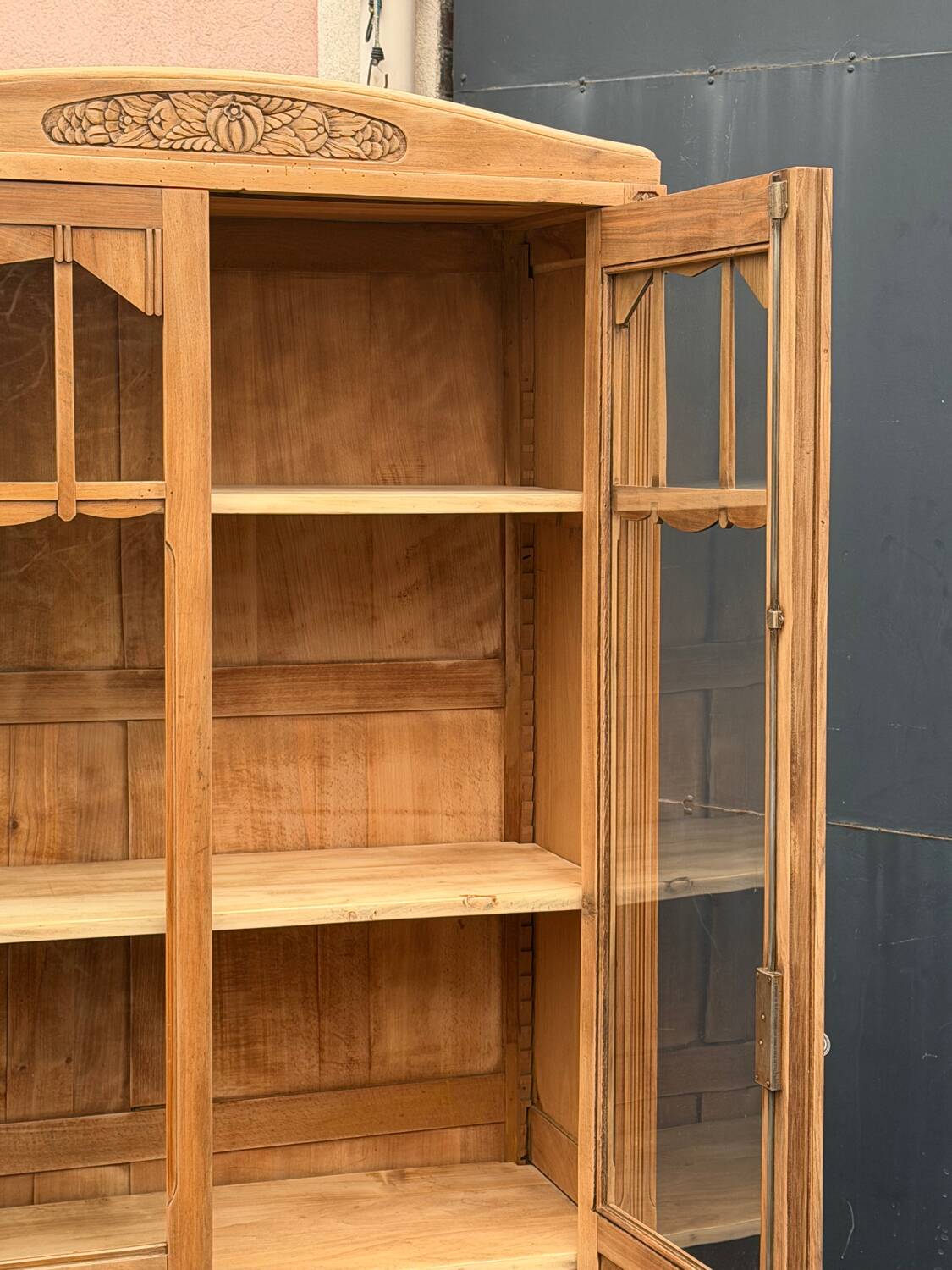 Parisian glass-fronted Art Deco wardrobe in solid raw walnut.