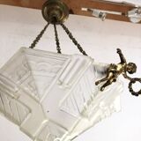 Art Deco Chandelier/Ceiling Light/Cast Glass Pyramid Shape & Angelo Frame
