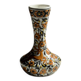 Petit vase soliflore blanc à décor floral et animalier orange H14 L9