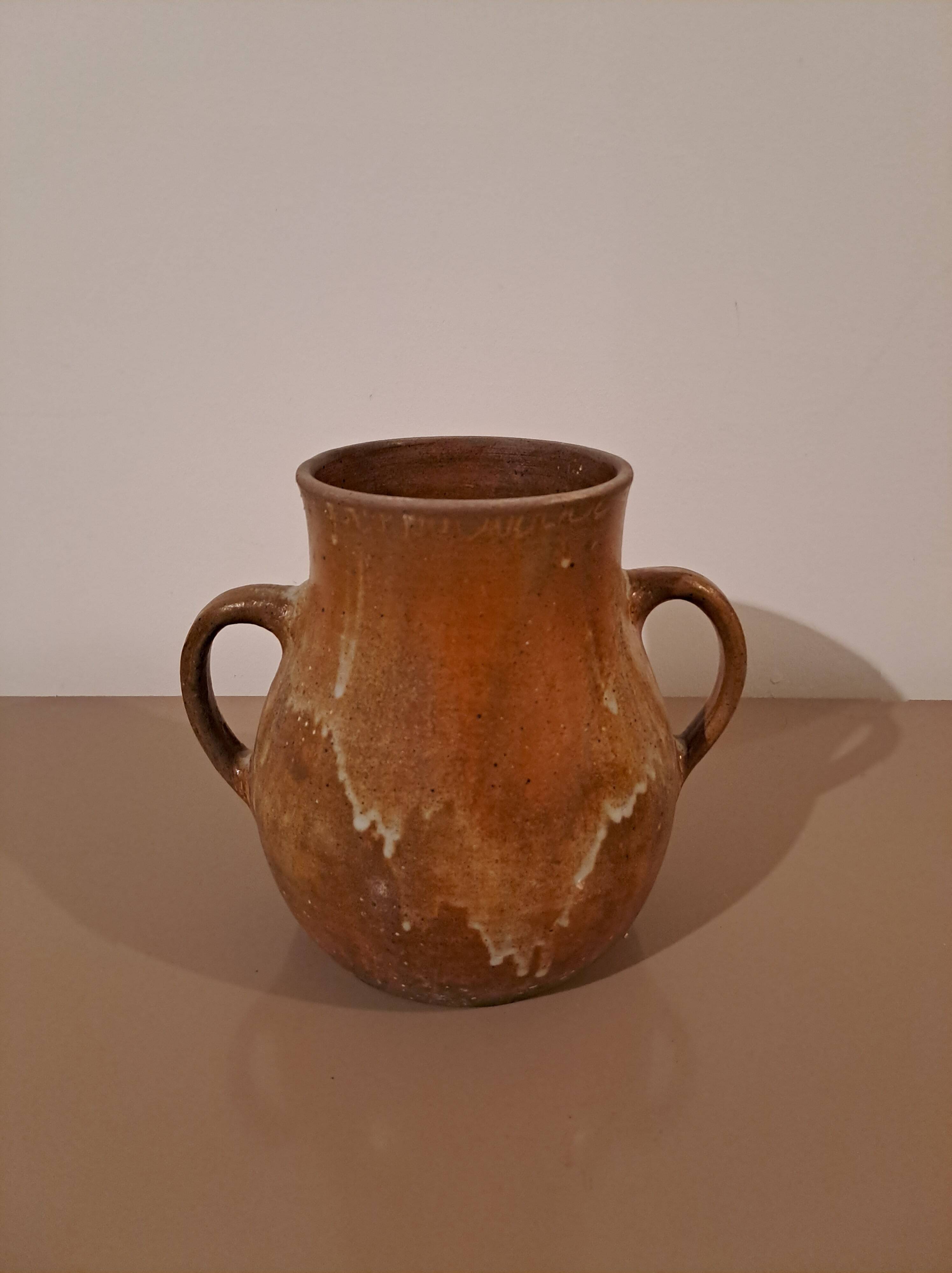 Vintage glazed stoneware jug - rustic two-handled craft