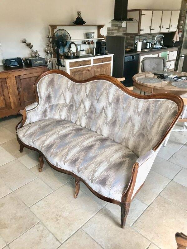 3-seater Louis Philippe Sofa / Solid Walnut & Modern Fabric