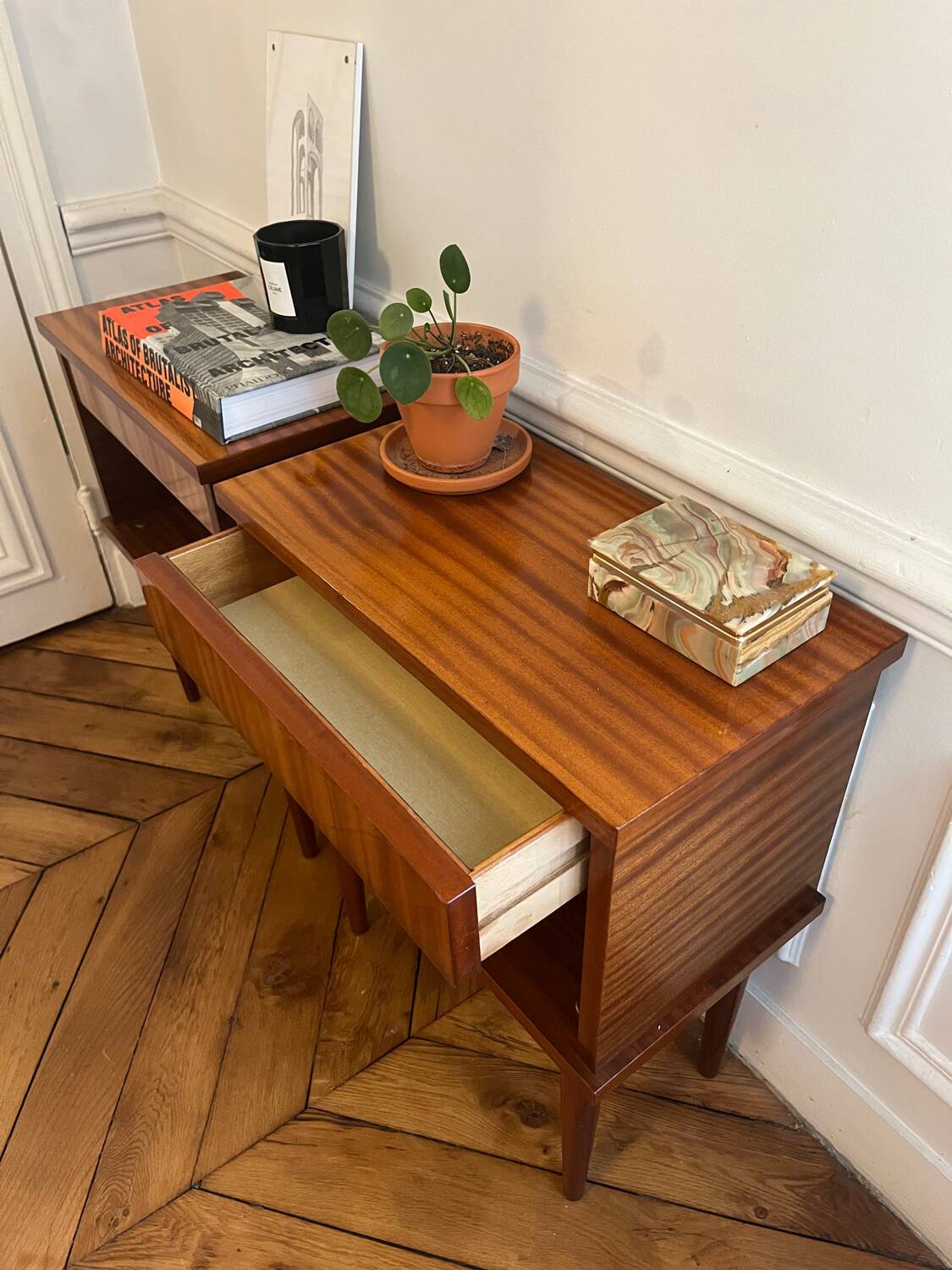 Pair of vintage bedside tables with compass feet