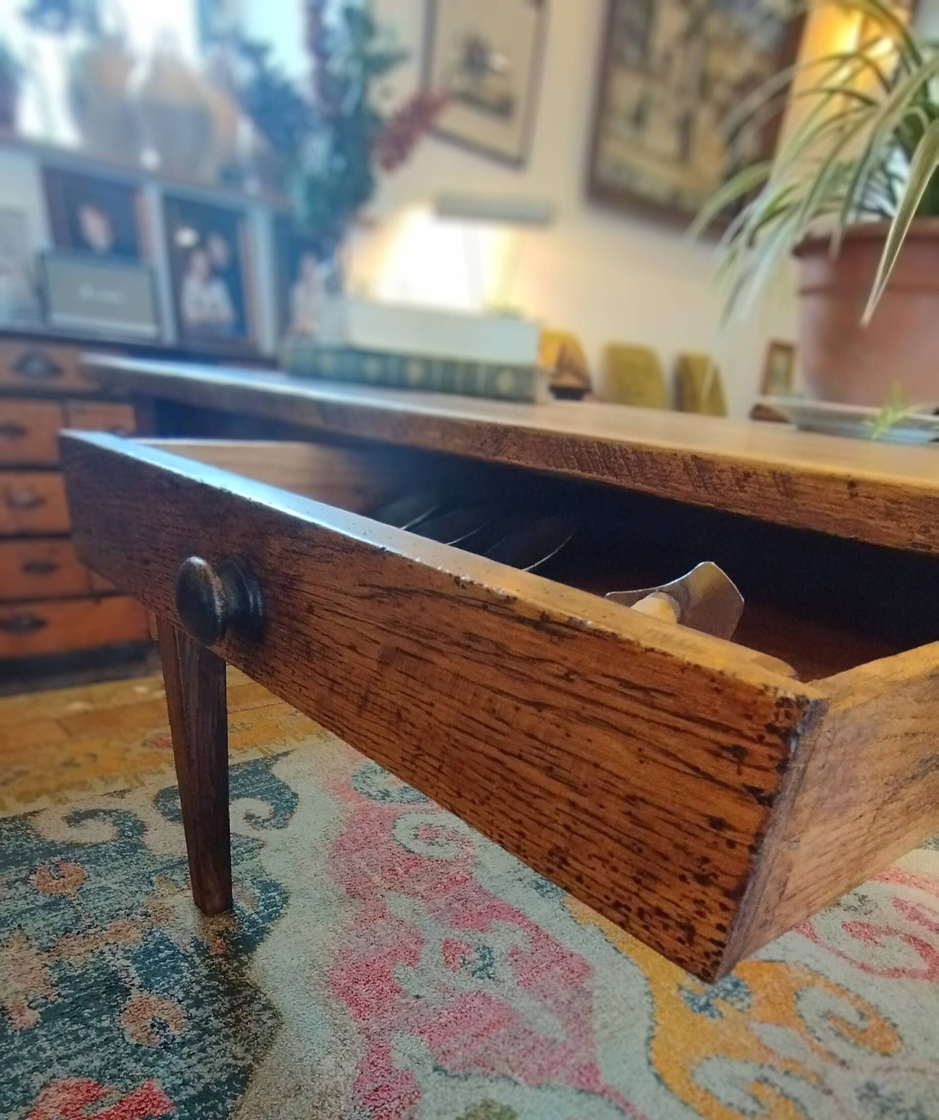 XXL solid oak farmhouse table 260x100 patinated two drawers