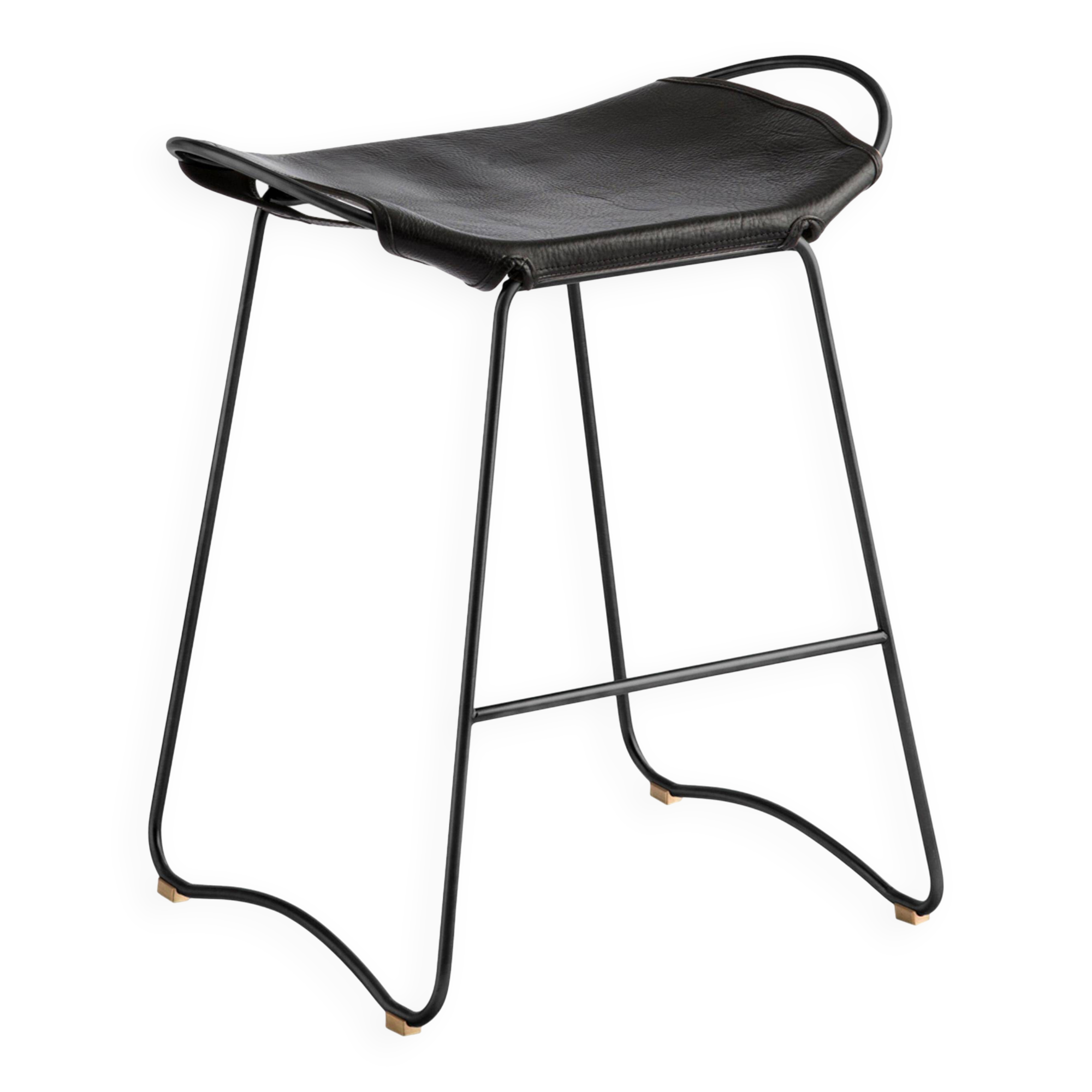 Contemporary bar stool in smoked black steel and black leather.