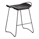Contemporary bar stool in smoked black steel and black leather.