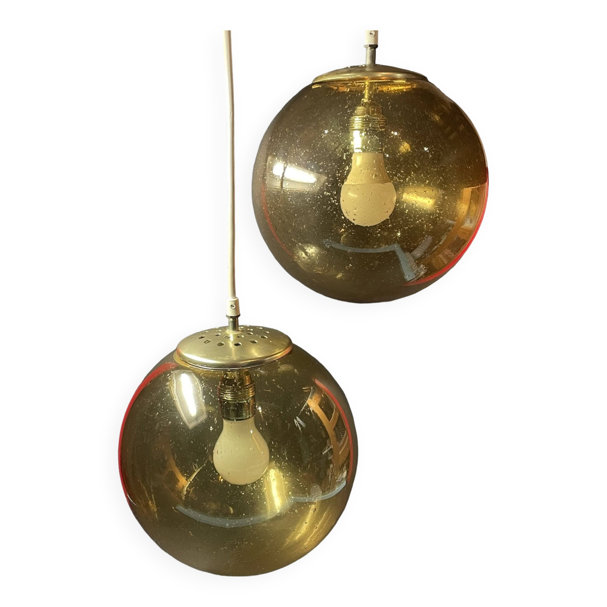 Pair of vintage smoked glass ball pendant lights from Biot glassworks