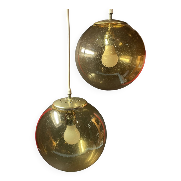 Paire de suspension verre fumé boule vintage de la verrerie de Biot
