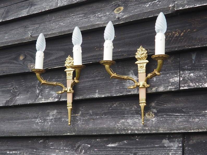 Vintage French Empire Sconces: Gilt Bronze, Salmon Column Double Arm Light