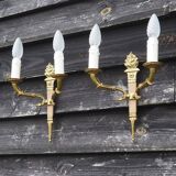 Vintage French Empire Sconces: Gilt Bronze, Salmon Column Double Arm Light