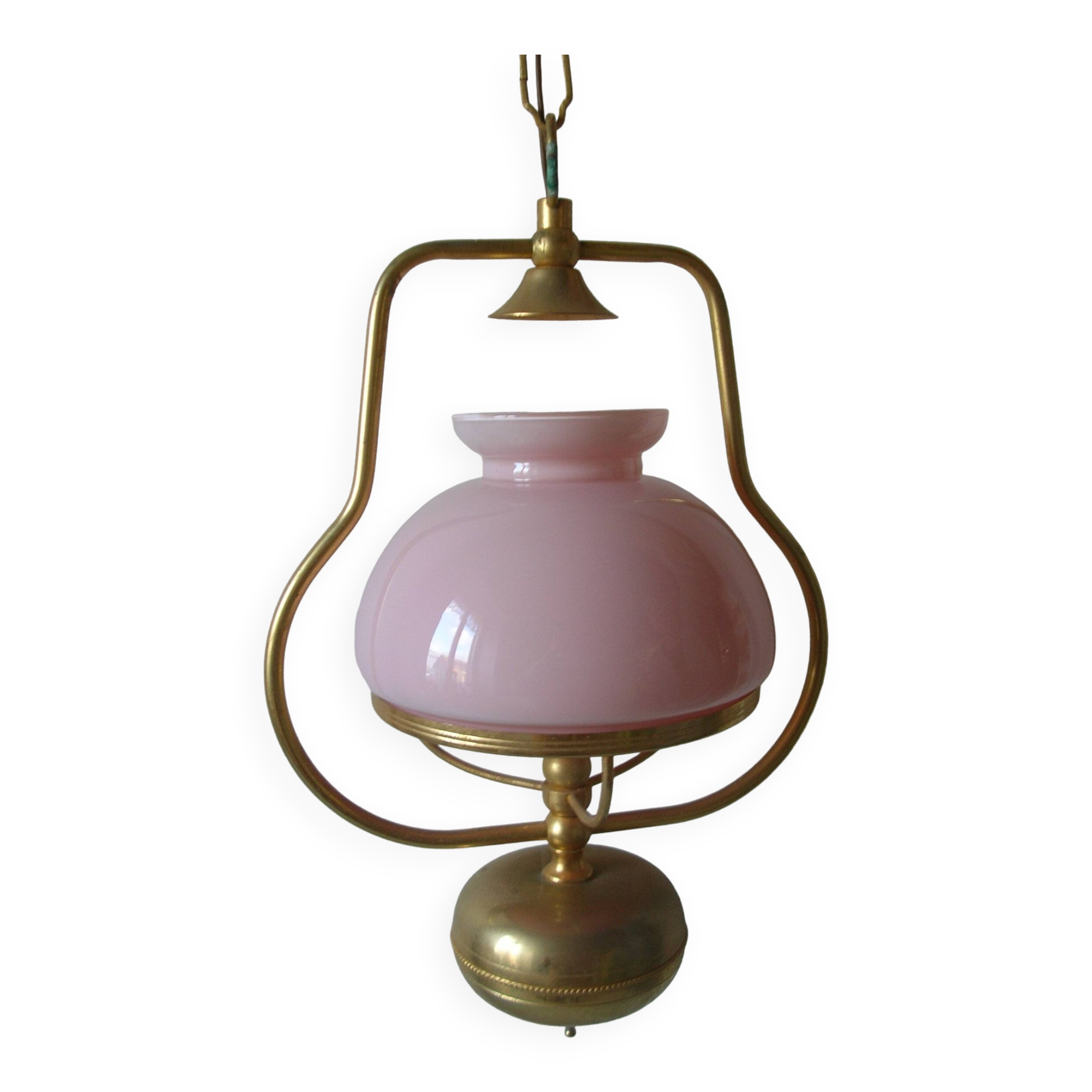 Old chandelier suspension light fixture in golden brass pearl pink opaline lampshade