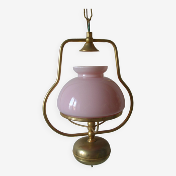 Old chandelier suspension light fixture in golden brass pearl pink opaline lampshade