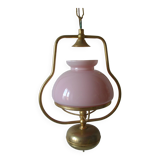 Old chandelier suspension light fixture in golden brass pearl pink opaline lampshade