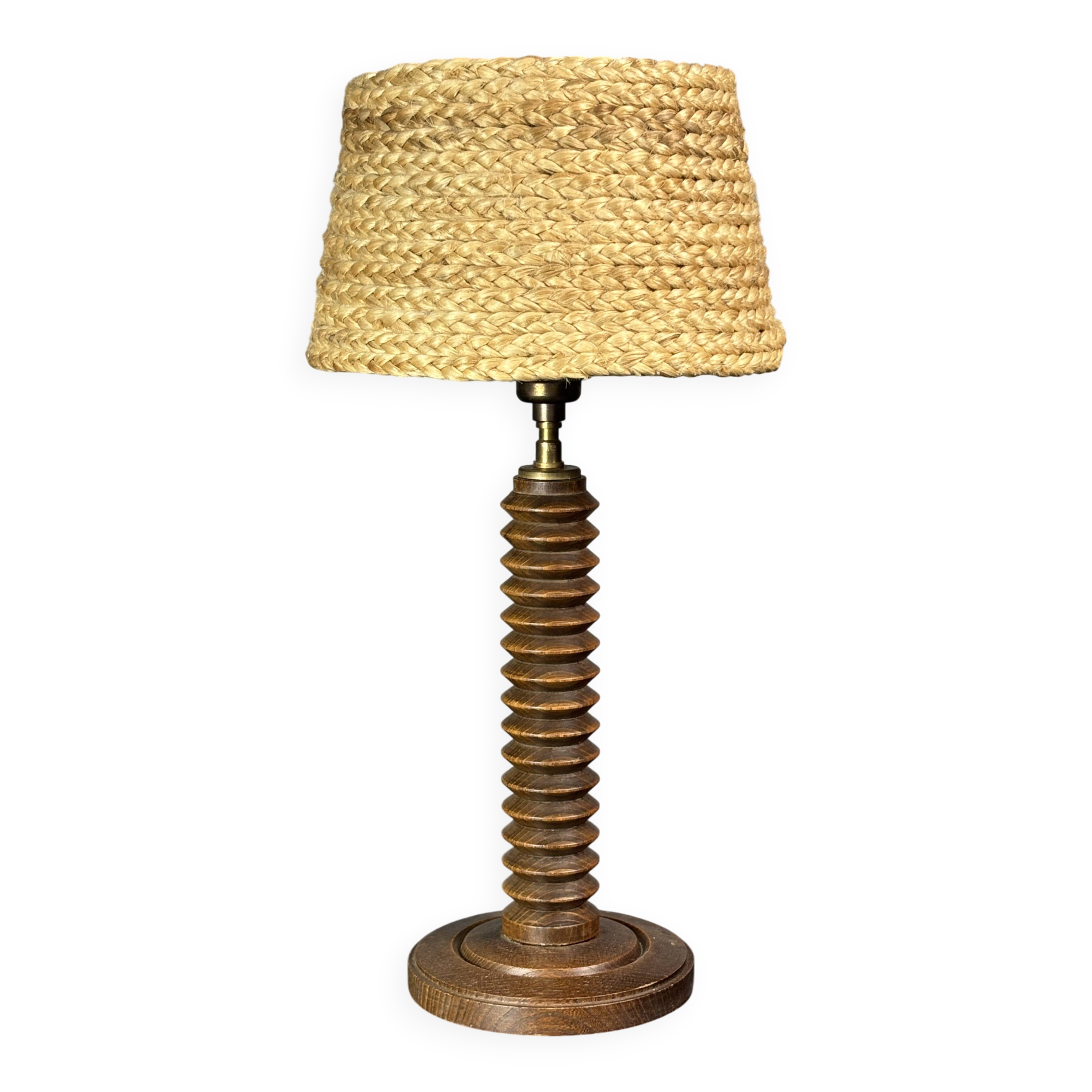 Midcentury French brutalist wood turned table lamp, Charles Dudouyt style