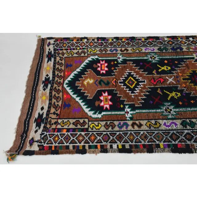 1970s Vintage Turkish Oushak Handmade Wool Cotton Brown Runner Rug 96x301
