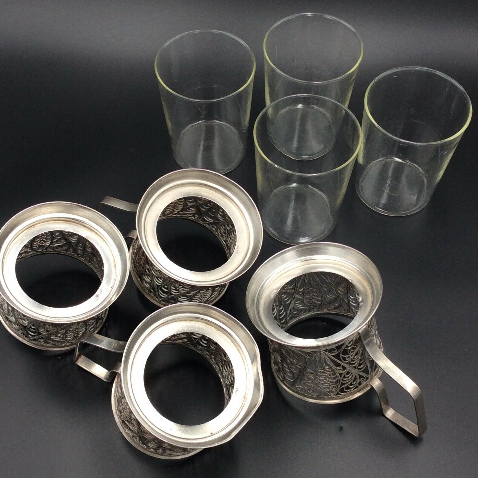 4 russian tea cups silver metal watermarked ussr