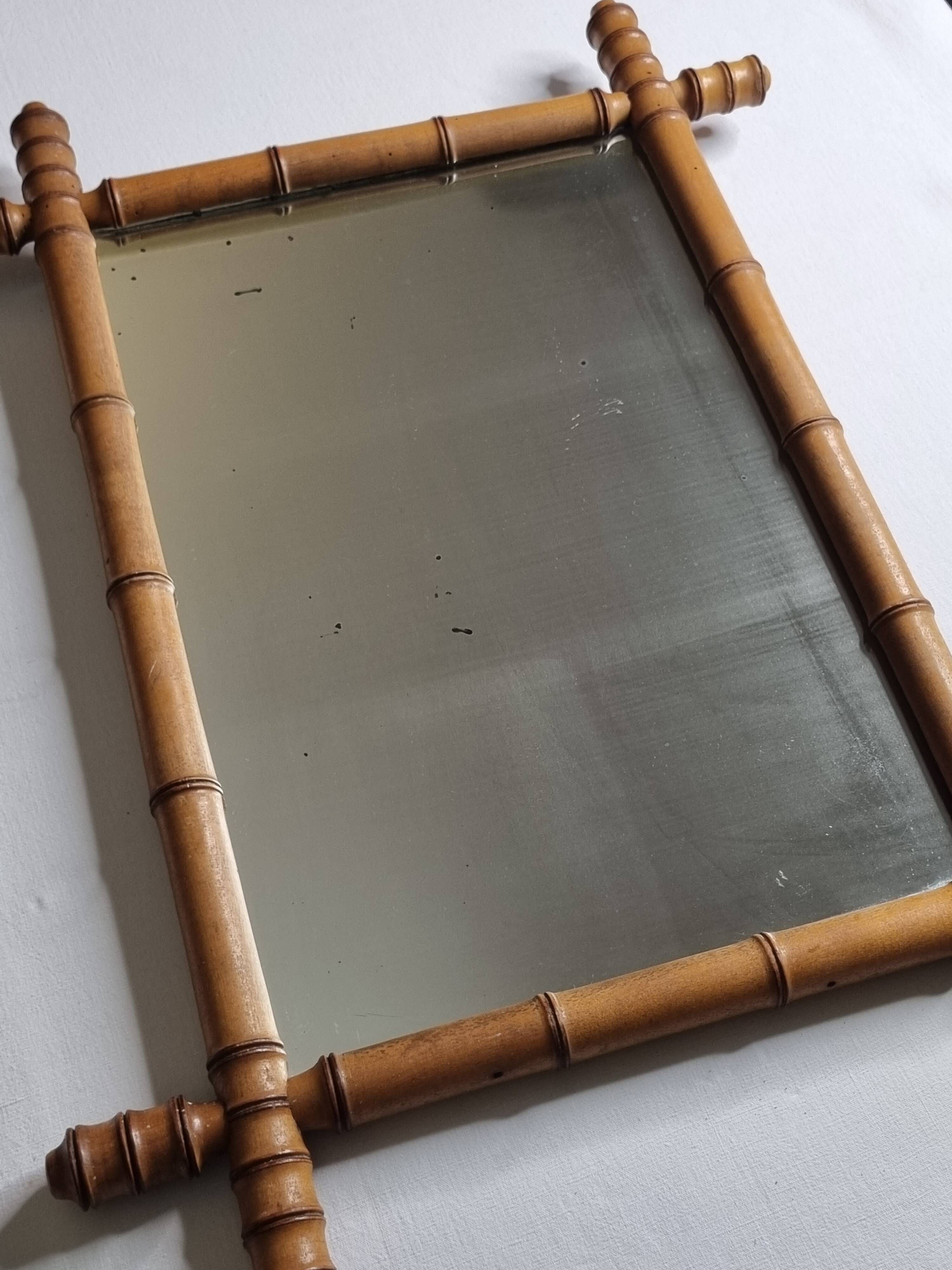 Antique mirror in turned wood, light bamboo style, late 19th century, 62 x 46 cm