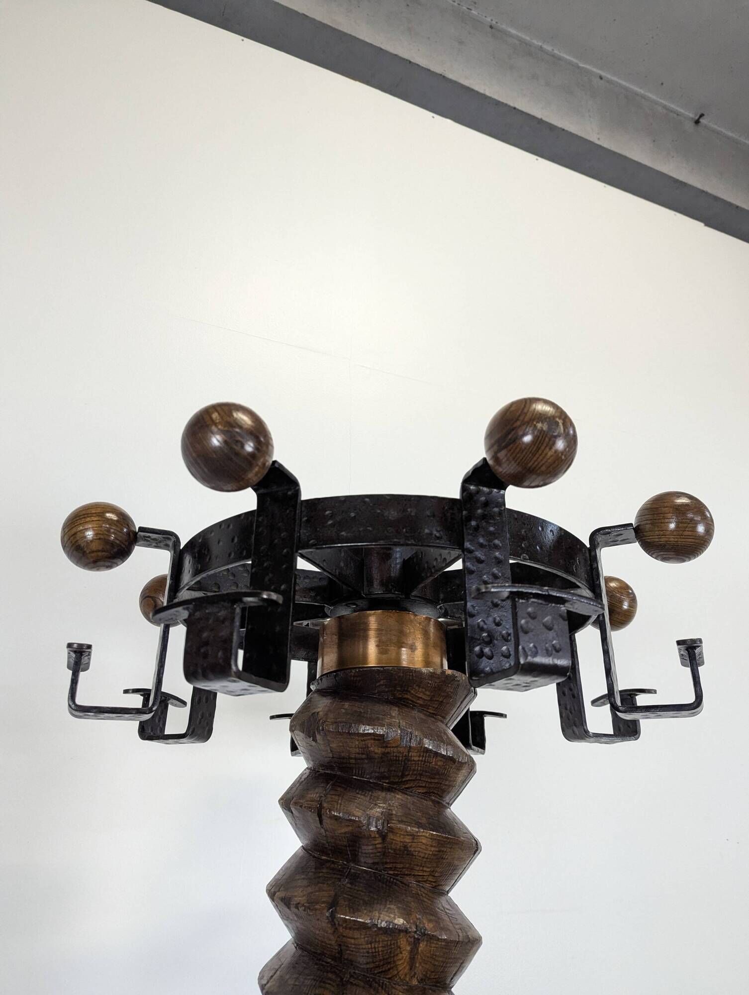 Oak and hammered iron press screw coat rack