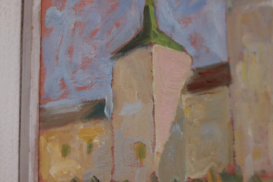 Original Swedish oil on canvas – “Castle” by Karen Heggestad – dated 2002 – vintage & framed – 28 × 33 cm (11.0" × 13.0")