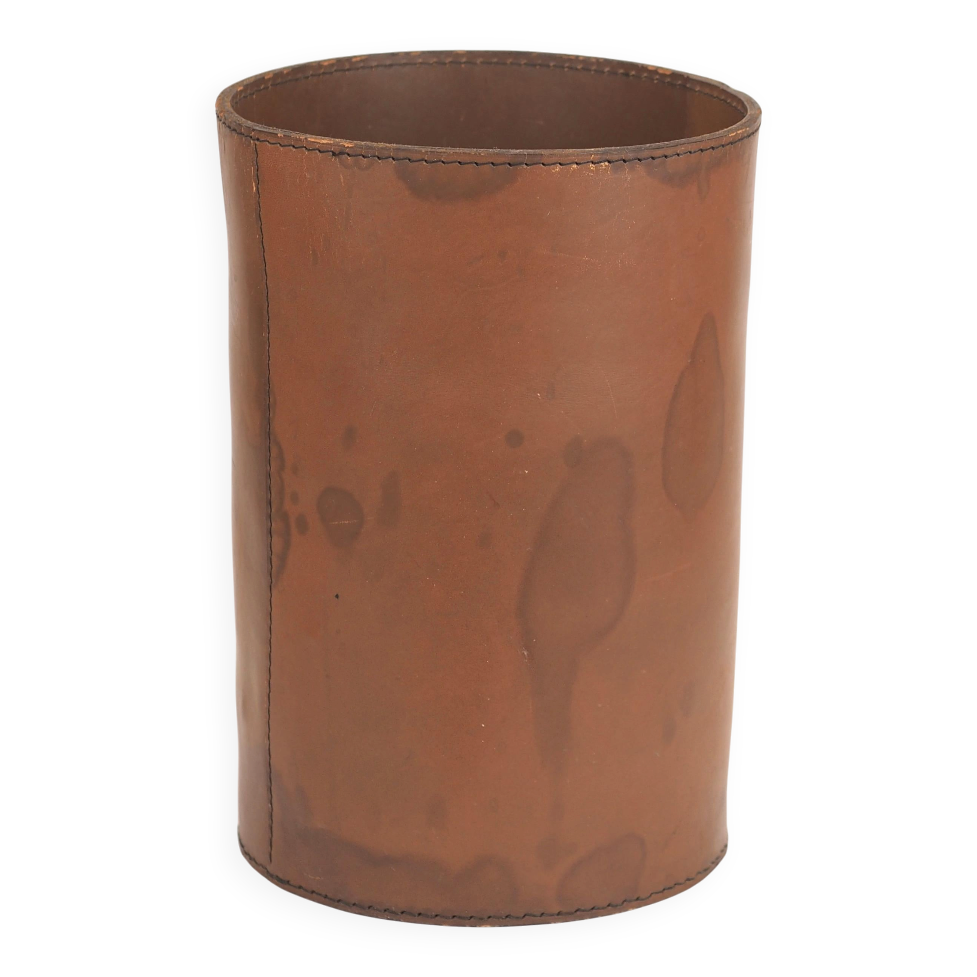 Authentic leather wastebasket/bin by Carl Auböck from the mid-20th century.