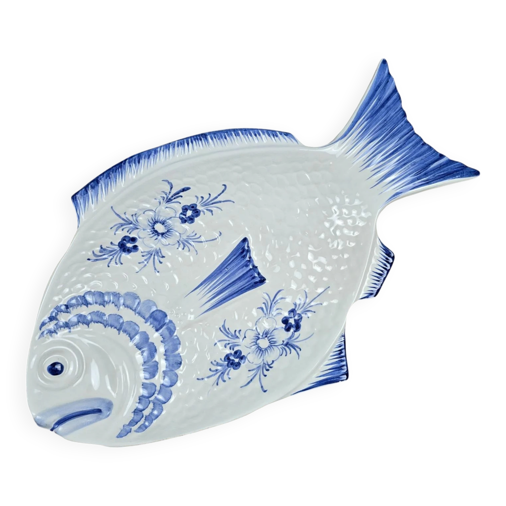 Elegant large vintage fish platter Portugal – Cobalt blue ceramic – 45 cm