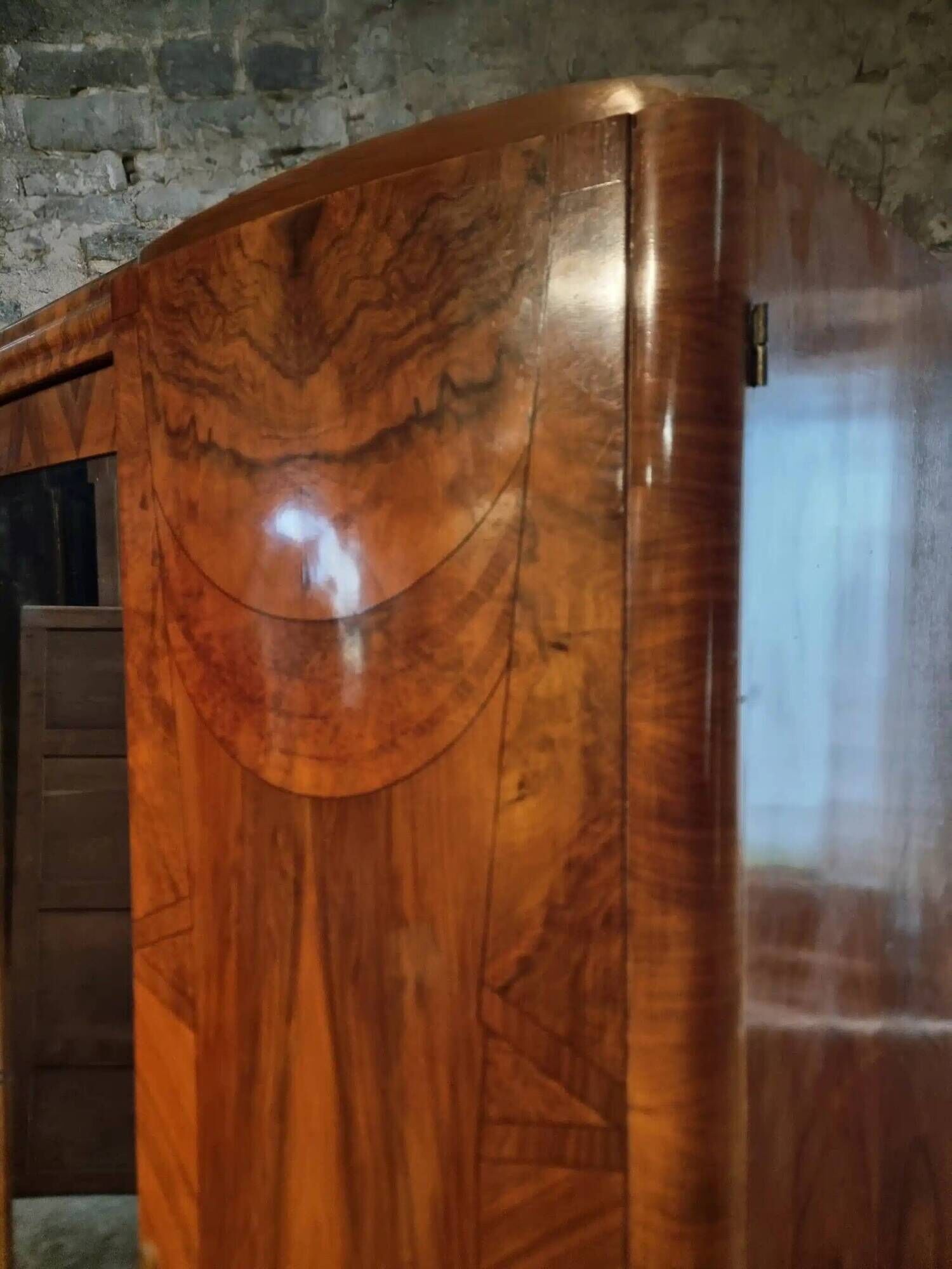 French Art Deco walnut wardrobe with mirror, 1930s