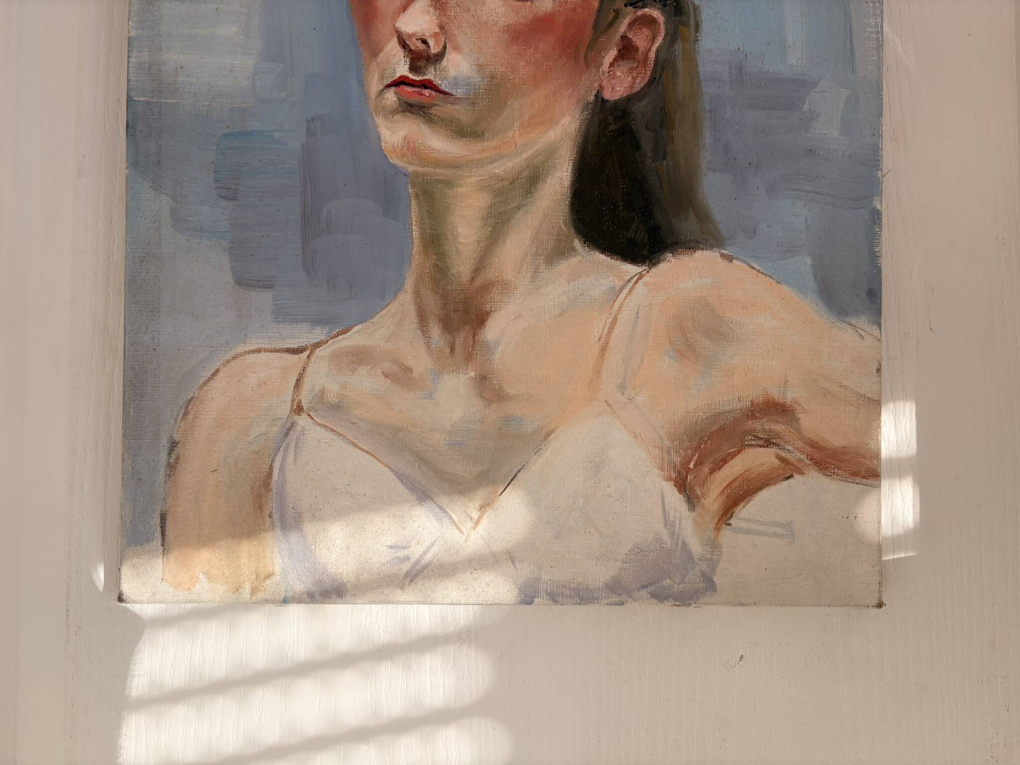 Ancien Peinture Huile Toile Femme Portrait Nue Blonde Enervée Sentiment